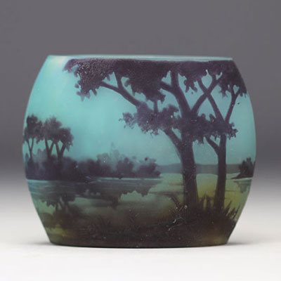 DAUM Nancy - Small vase in acid-etched multi-layered glass decorated with a lake landscape.