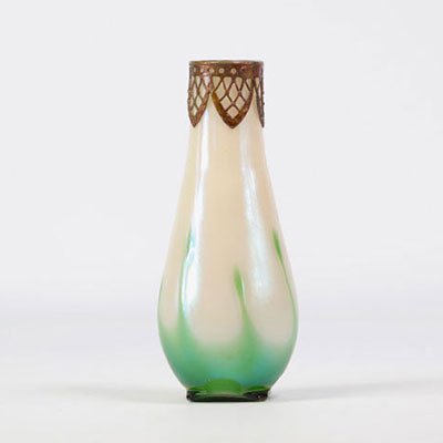 Iridescent vase with a frame on the neck from the 1900s - Art Nouveau