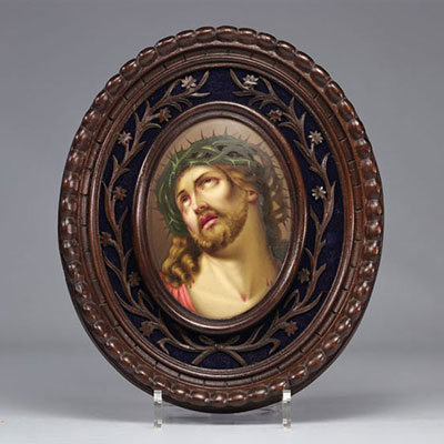 Painting on porcelain head of Christ in a wooden frame in the KPM style