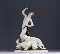 Royal Dux - ‘Young nude dancer surrounded by panthers’ Polychrome porcelain sculpture, mark under the piece.