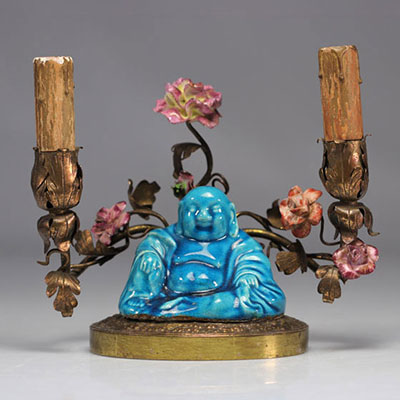 Bougeoir avec bouddha en porcelaine bleu de chine