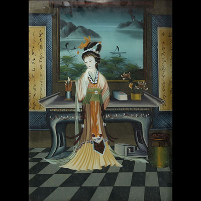 Japan - Painting fixed under glass representing an elegant woman, late 19th century.