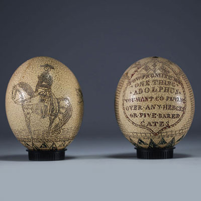 Rare pair of engraved ostrich eggs, British colonisation of the Americas, 18th-19th century.