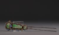 China - Cloisonné enamel and green jade hairpin with feather design, Qing period.