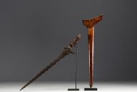 Malaysia/Indonesia - Kriss (Keris) handle in the form of a carved wooden divinity, wooden scabbard, 19th century.