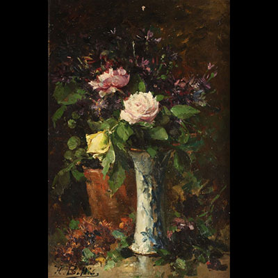 Hubert BELLIS (1831-1902) “Nature morte aux bouquet de fleurs” Oil on canvas, 19th century, signed.