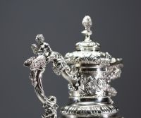 A very imposing ewer and tray in solid silver in the Italian Renaissance style.