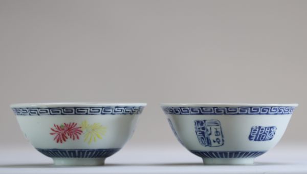 Chine - Ensemble de deux bols en porcelaine polychrome à décor de fleurs, XIXème