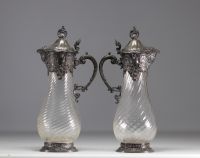 WMF, set of two twisted glass decanters, silver-plated metal frame.