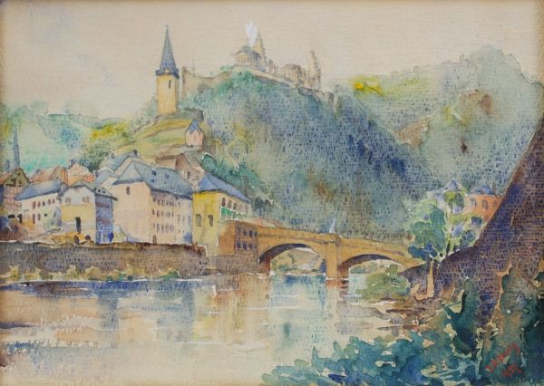 Jean Pierre GLEIS (1889-1965) ‘View of Vianden, Luxembourg’ Watercolour on paper, signed.