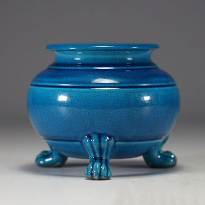 Pol CHAMBOST (1906-1983) Blue glazed ceramic tripod vase, signed underneath.