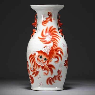 Chine - Grand vase en porcelaine à décor de chien de Fô et calligraphies.