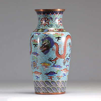 Cloisonné vase decorated with a red dragon on a blue background