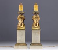 Pair of white marble and gilt bronze lamps with Caryatid faces, Empire period. OVER 100 YEARS OLD