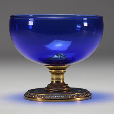 VERSACE - Blue glass bowl with gilded metal base.
