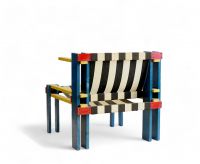 Belgian modernist work, Art Deco armchair in primary colours, in painted and screwed fir wood.