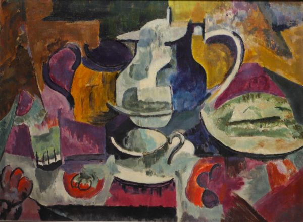 Composition cubiste, nature morte, huile sur toile non signée, vers 1940.