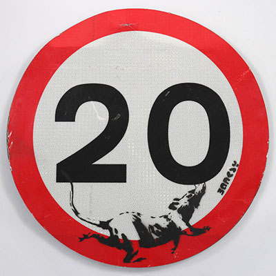 BANKSY (after) - Rat, Gross Domestic Product Spray paint & stencil on English metal road sign - Stenciled 