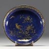 China - Small powder blue porcelain plate with gold bird and insect decoration.