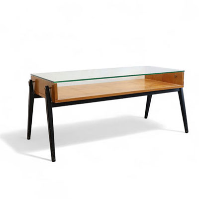 Alfred HENDRICKX (1931-2019) pour Belform - Petite table de salon en placage et verre, vers 1956.