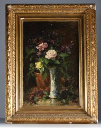 Hubert BELLIS (1831-1902) “Nature morte aux bouquet de fleurs” Oil on canvas, 19th century, signed.