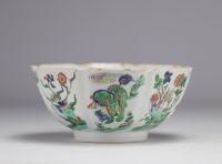 A porcelain bowl decorated with flowers and dogs with a mark under the piece, Kangxi period (1661-1722)