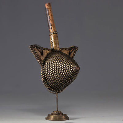 Wooden, leather and studded powder flask from Middle Atlas Morocco