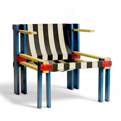 Belgian modernist work, Art Deco armchair in primary colours, in painted and screwed fir wood.