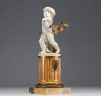 ‘Amour et son arc’ (Love and his bow) Sculpture in white biscuit and gilded bronze on a gilded marble column, patinated bronze base, 18th century.