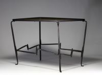 Coffee table, engraved copper top with stylised cockerel motif, hammered iron base, circa 1950-60.