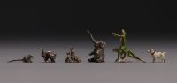 Set of 17 miniature subjects in polychrome Vienna bronzes and a small burr elm box.