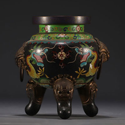 Chine - Brûle encens cloisonné à décor de chiens de Fô et de dragons.