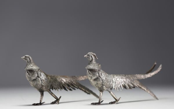 Pair of solid silver pheasants, circa 1930-40.