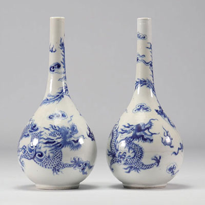 Paire de vases en porcelaine blanc bleu pour le Vietnam à décor de dragons 