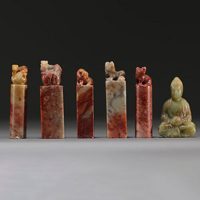 China - Set of five hard stone seals and a carved jade figure.