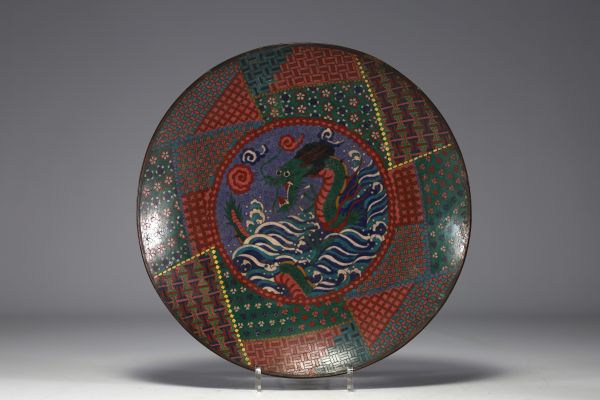 China - Large cloisonné enamel dish with dragon design, 19th century.