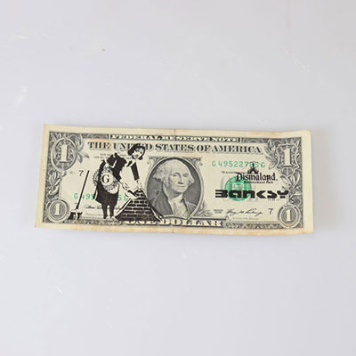 BANKSY (born 1974), after Dismal dollar Seals on genuine dollar bill Stamp of the signature and stamp of Dismaland on the right