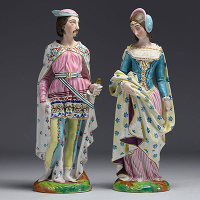 Pair of Andenne polychrome porcelain figurines, 19th century.