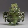 China - Jadeite incense burner, handles and lid decorated with dragons, 20th century.