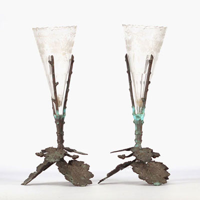 (2) Pair of engraved glass horn vases with bronze feet