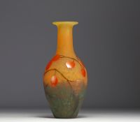 DAUM Nancy - Rare vase en verre multicouche dégagé à l'acide à décor gravé et émaillé de Physalis, signé.