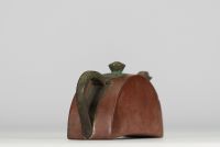 China - Yixing clay scholar's teapot, bronze handle, lid and spout, Qing Dynasty.