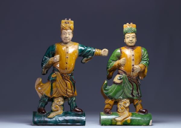 China - pair of ridge tiles depicting celestial figures, Qing dynasty.