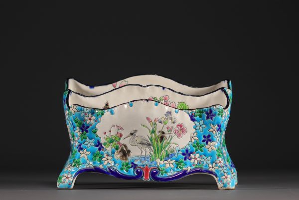 Longwy - Letter case in earthenware and enamels decorated with heron, titmouse and flowers, 19th century.