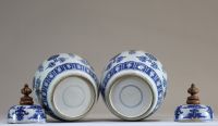 Chine - Paire de potiches couvertes en porcelaine blanc bleu, marque aux cercles sous la pièce.