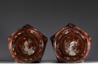 China- Vietnam - Pair of stools in wood and mother-of-pearl inlay.