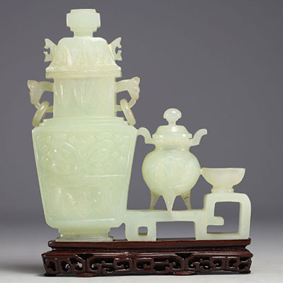 China - Jadeite sculpture representing two covered pots on a wooden base.