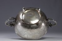 Hung Chong & Cie, large solid silver bowl with engraved landscape decoration, dragon-shaped handles.