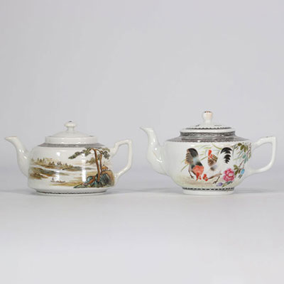 (2) set of two famille rose teapots, each with rooster and mountain scenery decorations, independently.