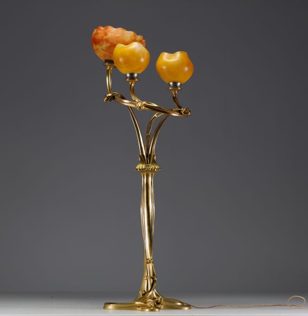 Louis MAJORELLE (1859-1926) ‘Magnolias’ Rare ormolu plant-shaped torch lamp with Daum Nancy glass wicks.